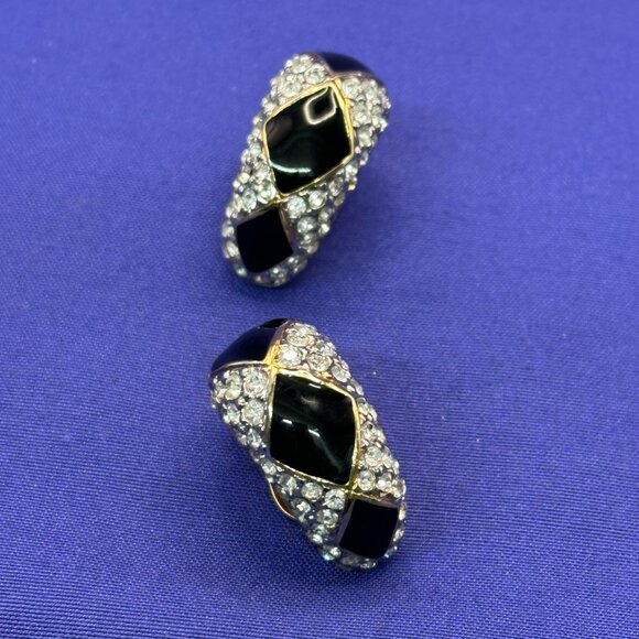 VTG Kenneth Lane Gold-Tone, Black Enamel & Clear Crystal Clip Earrings - Picture 2 of 16